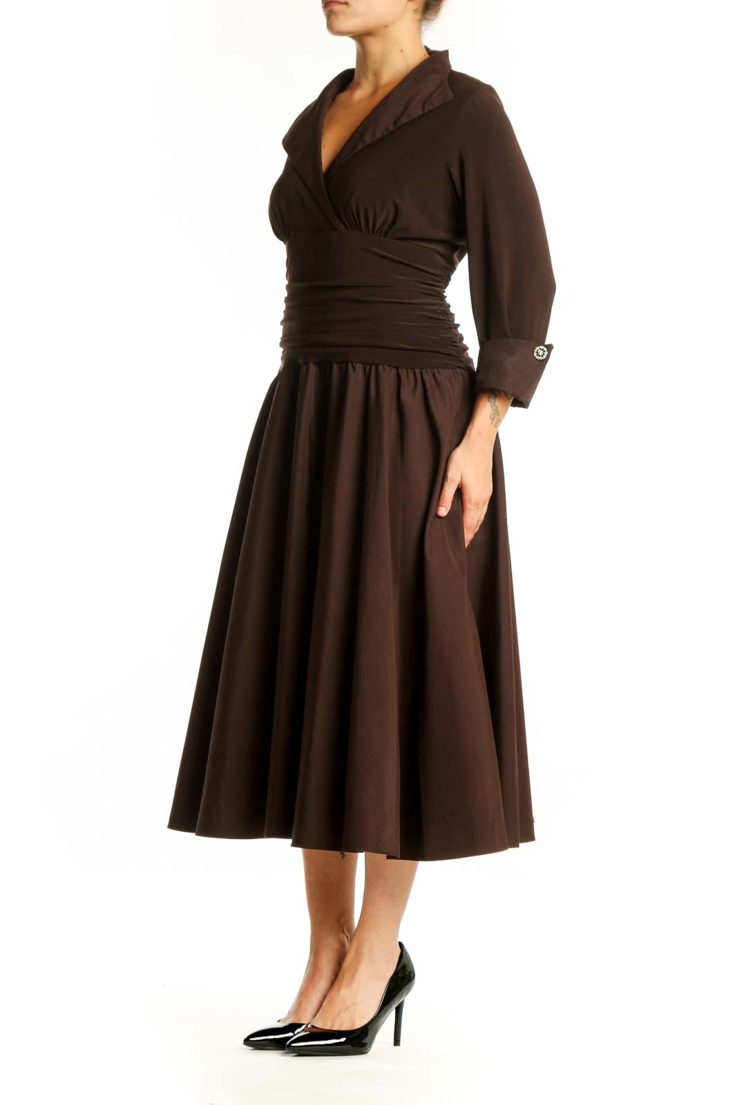 Front view of brown wrap midi dress with ruched waist and A-line skirt by Jessica Howard