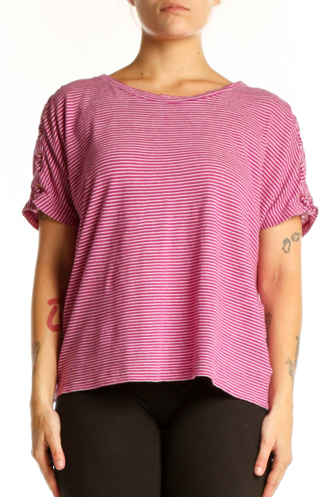 Lauren Ralph Lauren pink and white striped short sleeve top with rolled sleeves, front view
