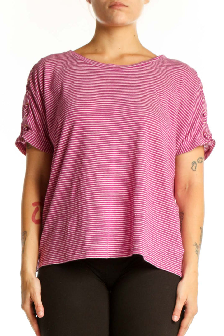 Lauren Ralph Lauren pink and white striped short sleeve top with rolled sleeves, front view