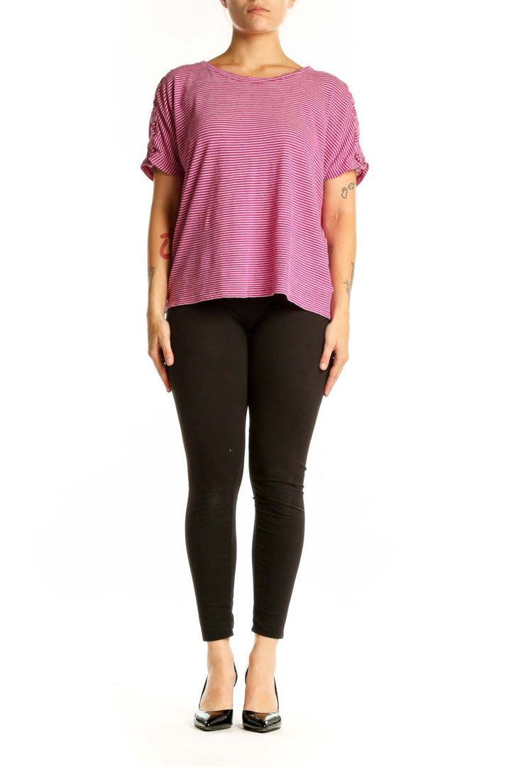 Lauren Ralph Lauren pink and white striped short sleeve top with rolled sleeves, front view