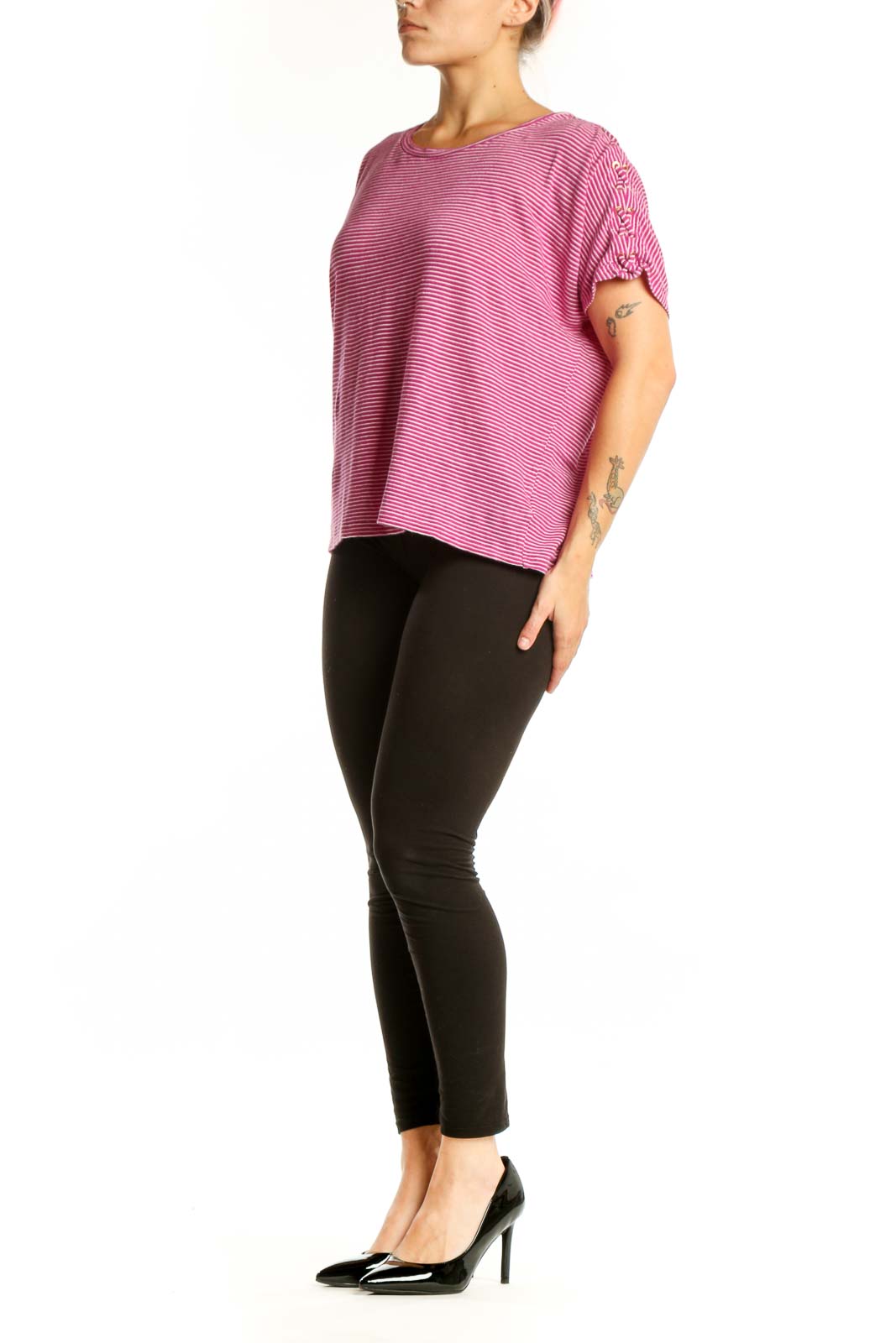 Lauren Ralph Lauren pink and white striped short sleeve top with rolled sleeves, front view