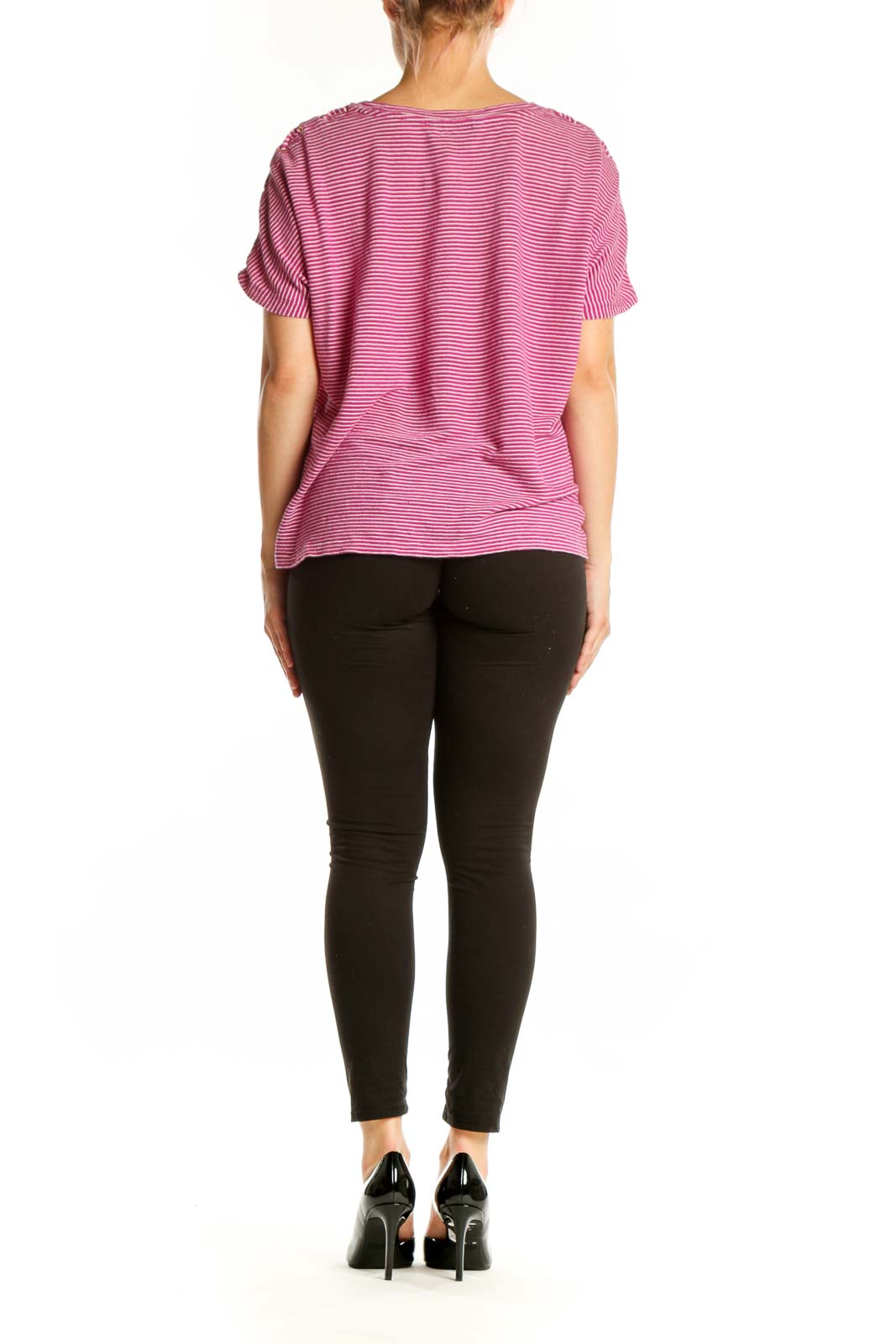 Lauren Ralph Lauren pink and white striped short sleeve top, back view showing relaxed fit