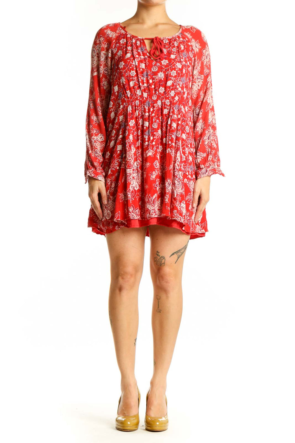 Red floral rayon tunic top with white print and keyhole neckline, front view