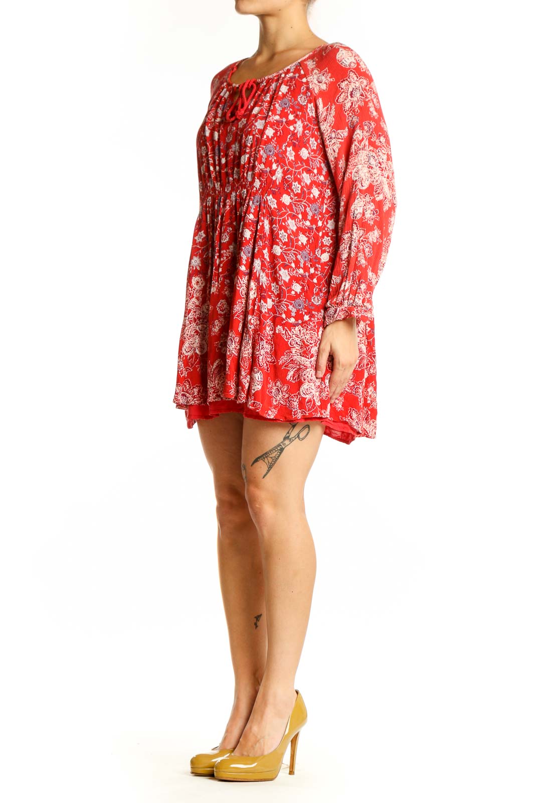 Red floral rayon tunic top with white print and keyhole neckline, front view