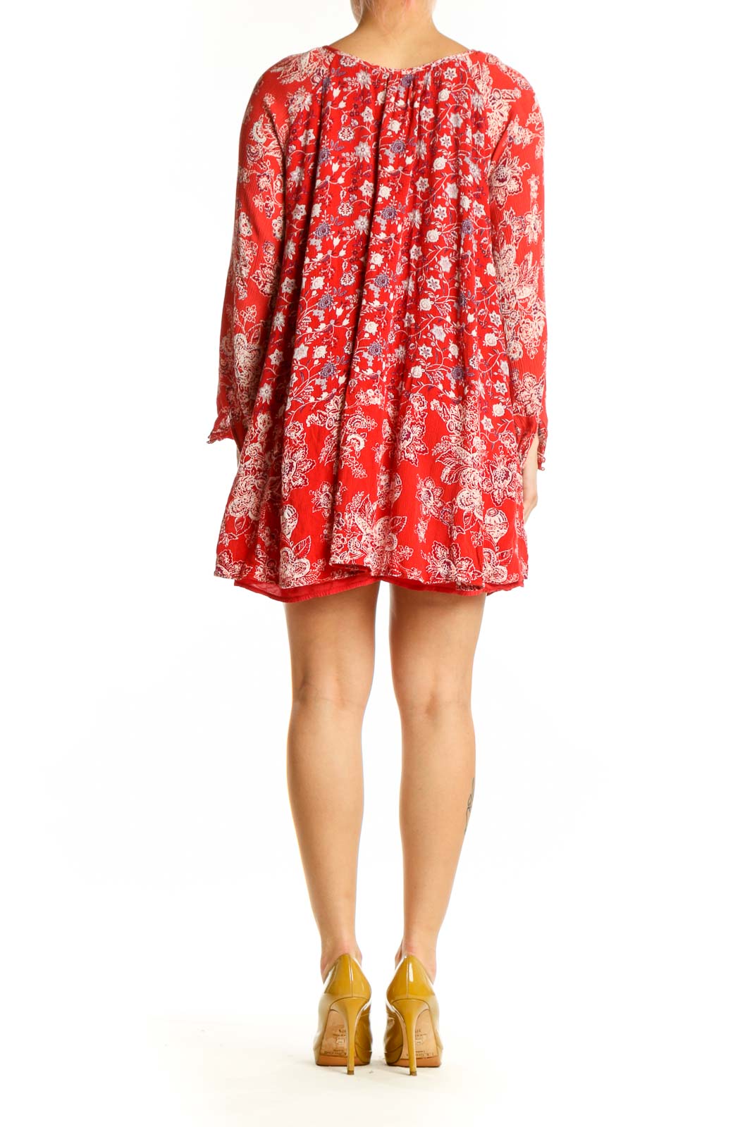 Red floral rayon tunic top with white print, back view showing flowing A-line silhouette
