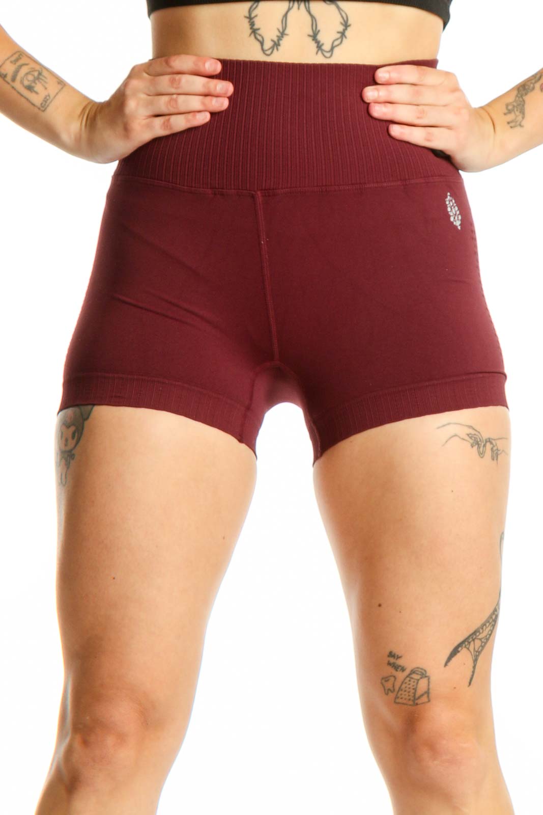 Burgundy ribbed high-waist activewear shorts front view, Free People Movement