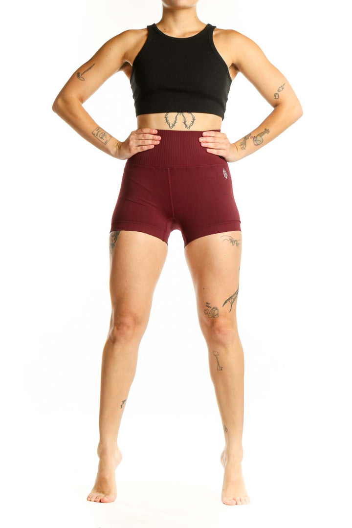 Burgundy ribbed high-waist activewear shorts front view, Free People Movement