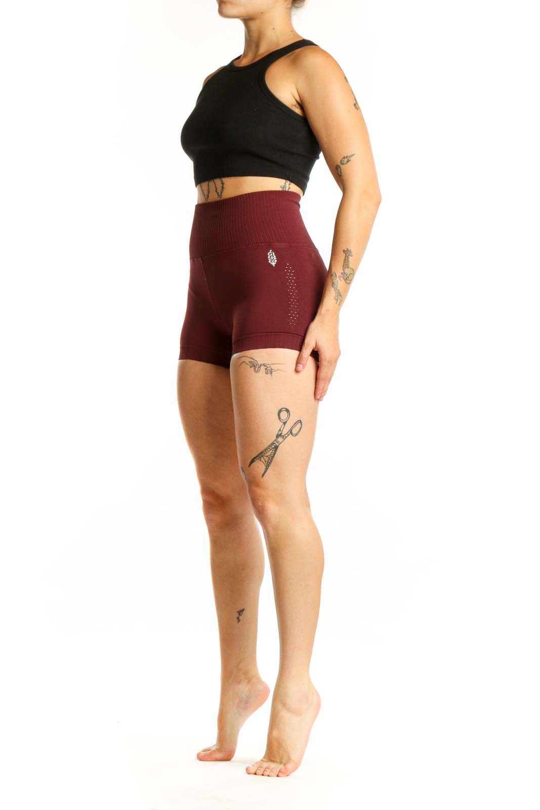 Burgundy ribbed high-waist activewear shorts front view, Free People Movement