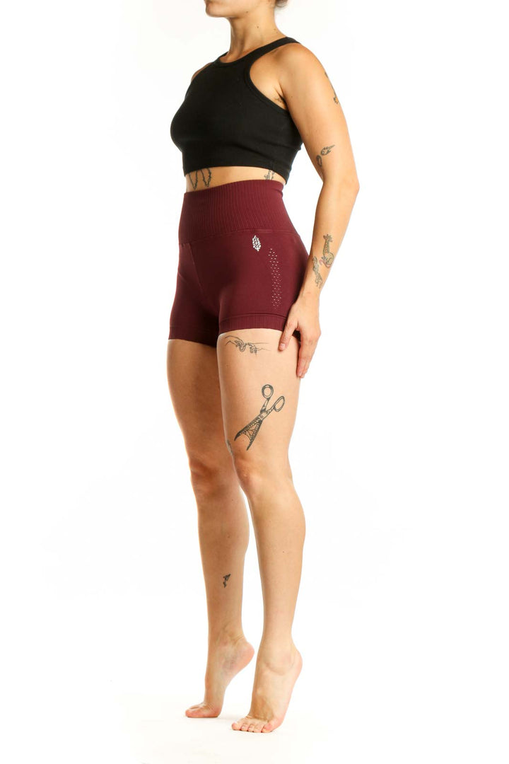 Burgundy ribbed high-waist activewear shorts front view, Free People Movement