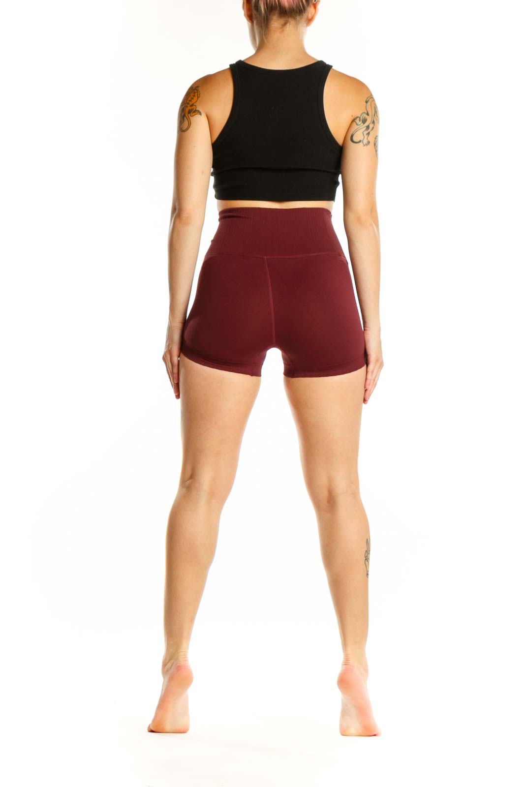 Burgundy ribbed high-waist activewear shorts back view, Free People Movement