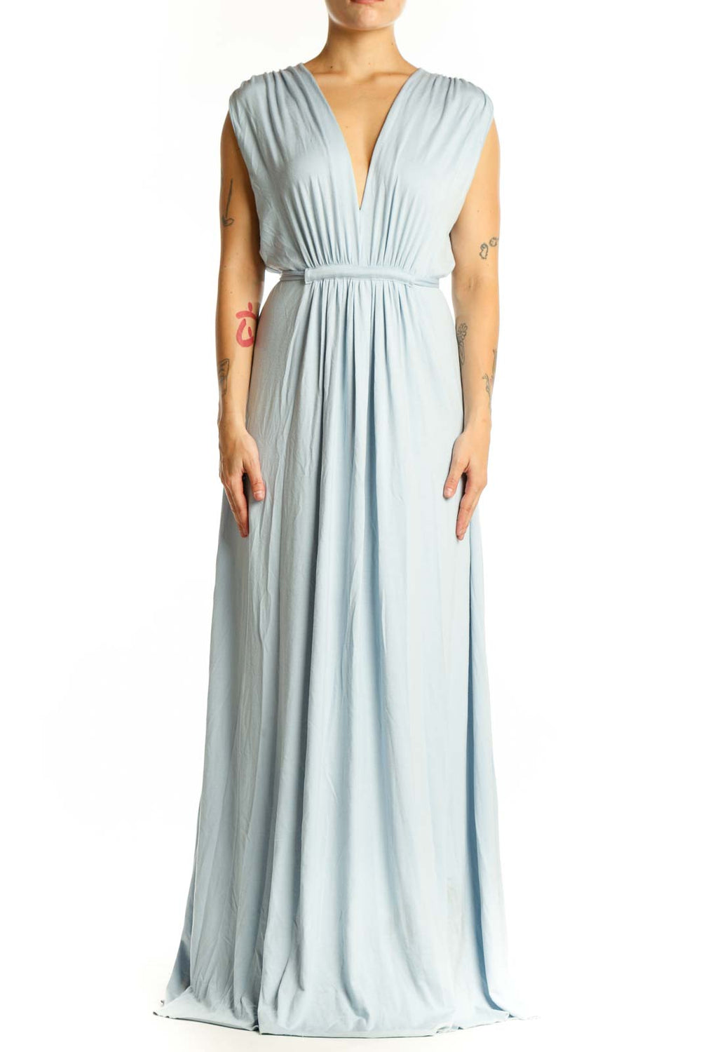 Front view of blue-gray Rachel Pally modal wrap maxi dress with deep V-neckline and cinched waist