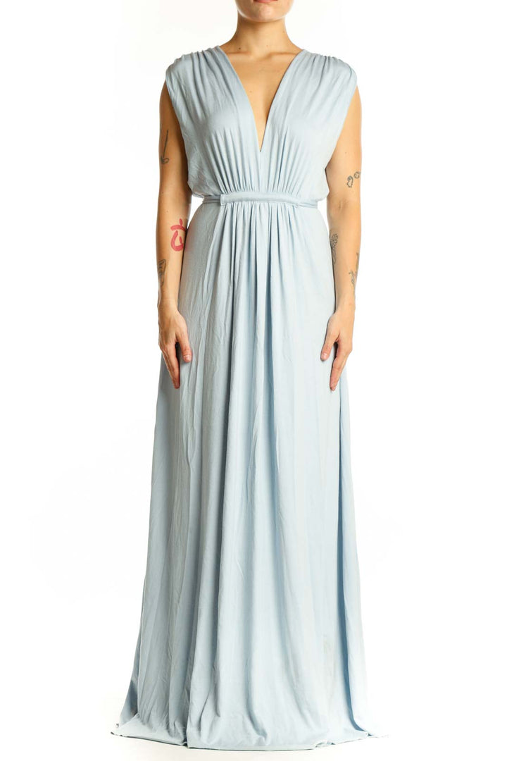 Front view of blue-gray Rachel Pally modal wrap maxi dress with deep V-neckline and cinched waist