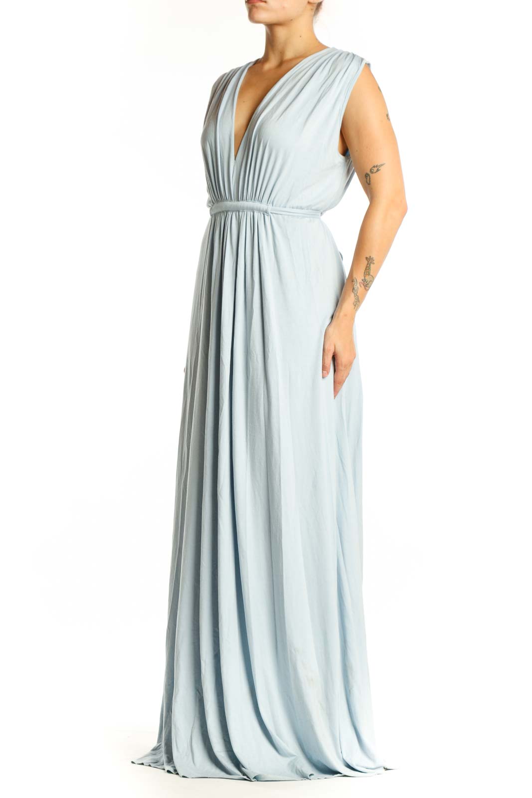 Front view of blue-gray Rachel Pally modal wrap maxi dress with deep V-neckline and cinched waist