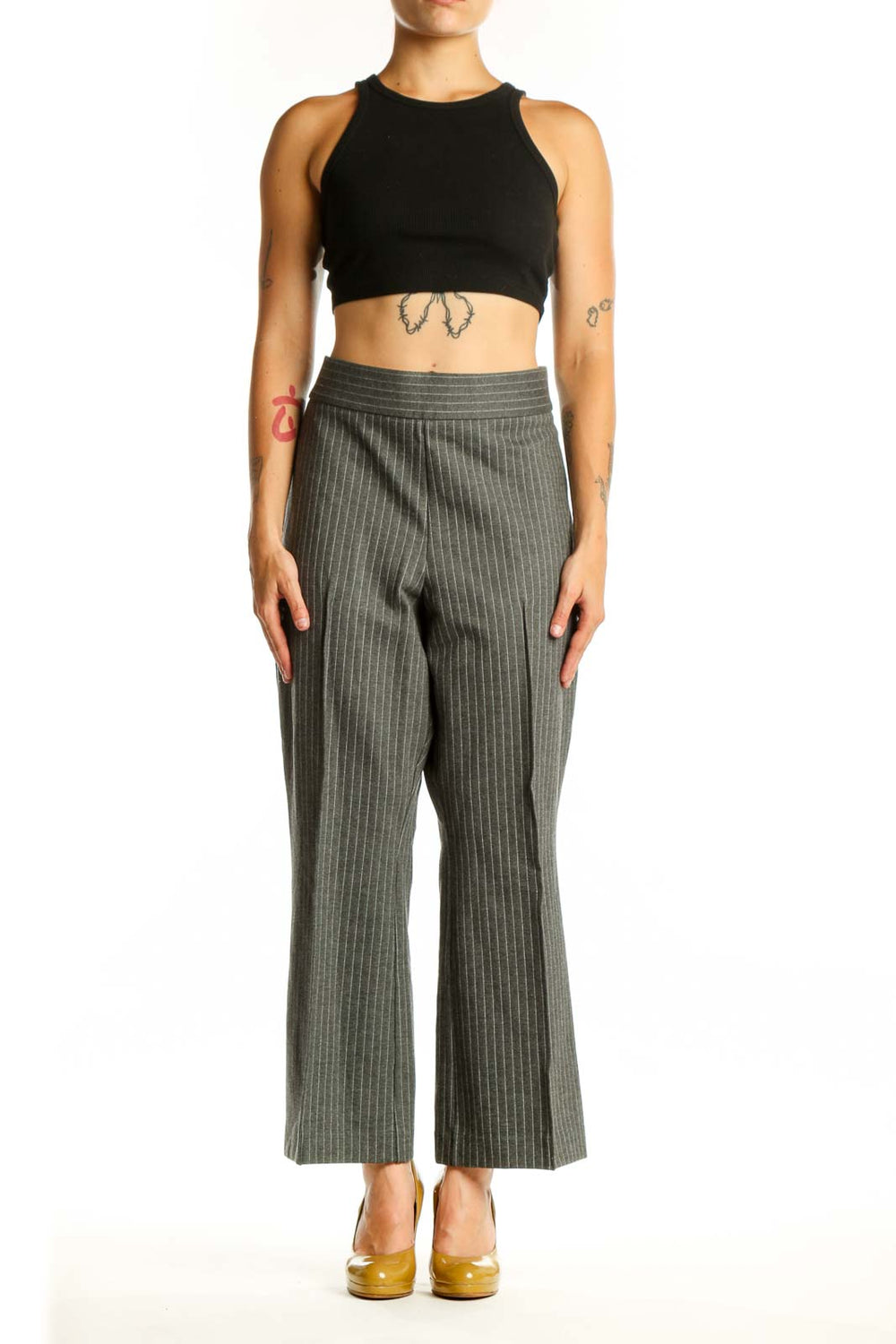 Front view of gray pinstriped cropped flare pants with high waistband and vertical stripe pattern