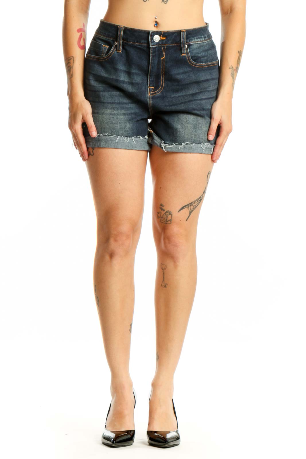 Dark blue denim cut-off shorts with distressed hem and orange stitching, front view
