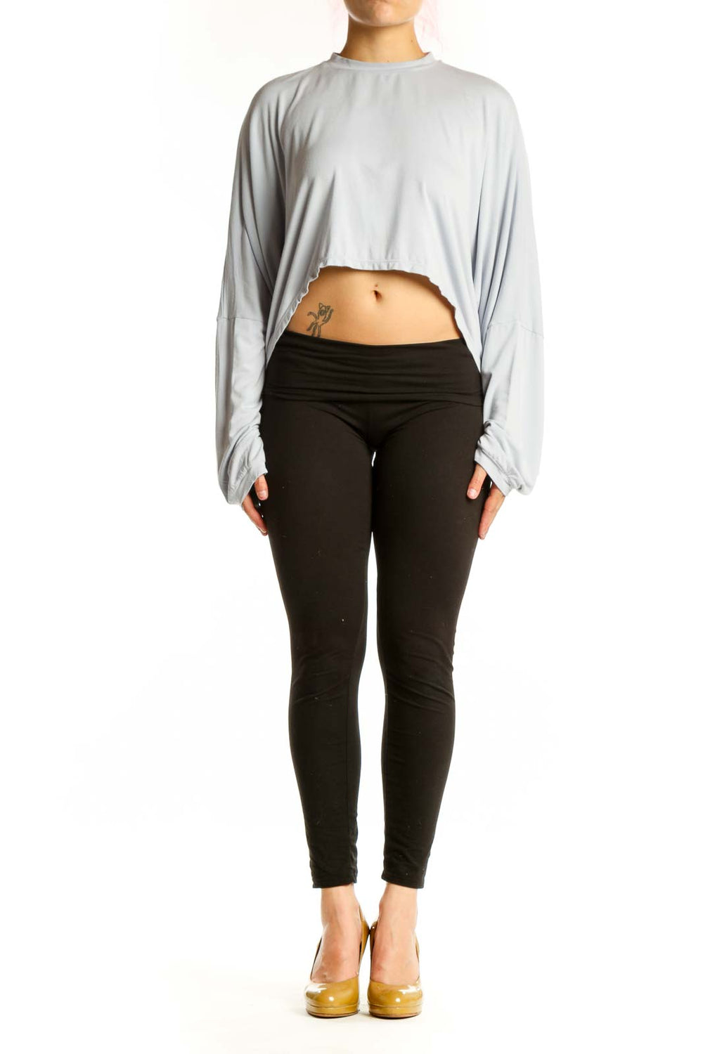 Gray cropped long sleeve top by Skims, front view showing relaxed fit and cropped silhouette