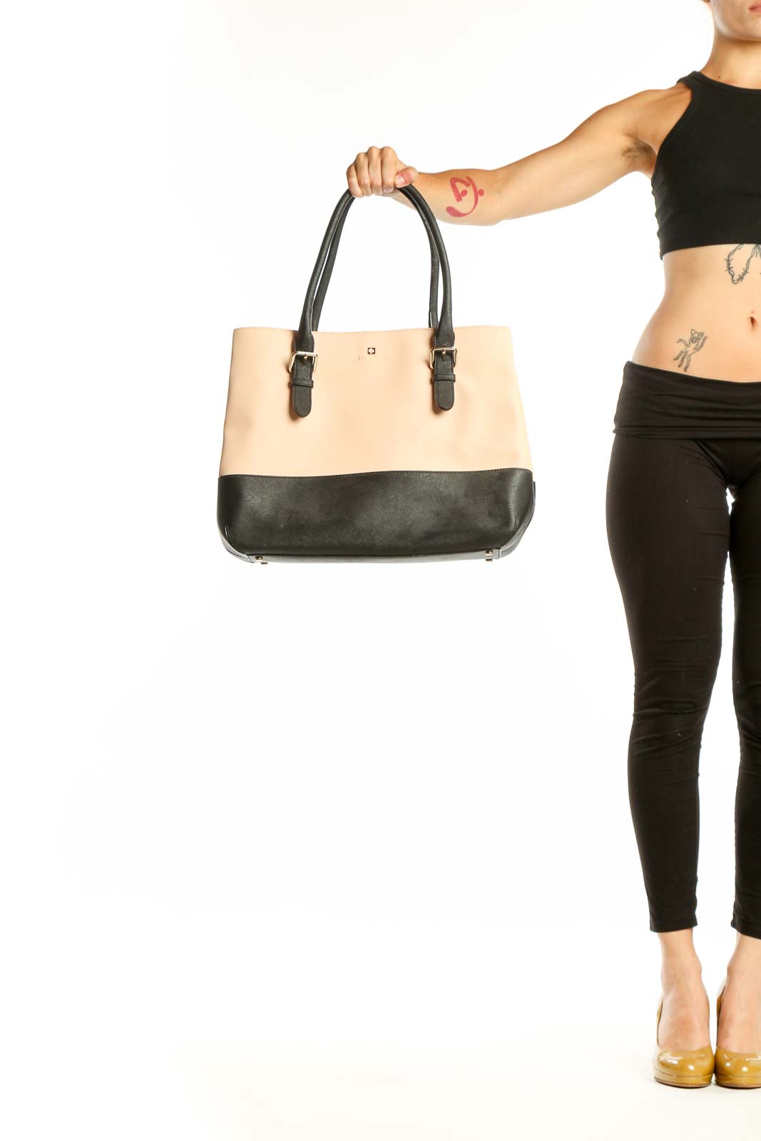 Kate Spade cream and black colorblock shoulder tote bag with dual black leather handles, front view