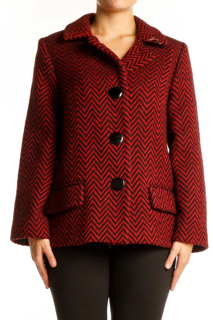 Red and black chevron wool blend blazer by Milly with notch collar and button front closure, front view