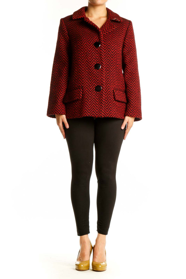 Red and black chevron wool blend blazer by Milly with notch collar and button front closure, front view