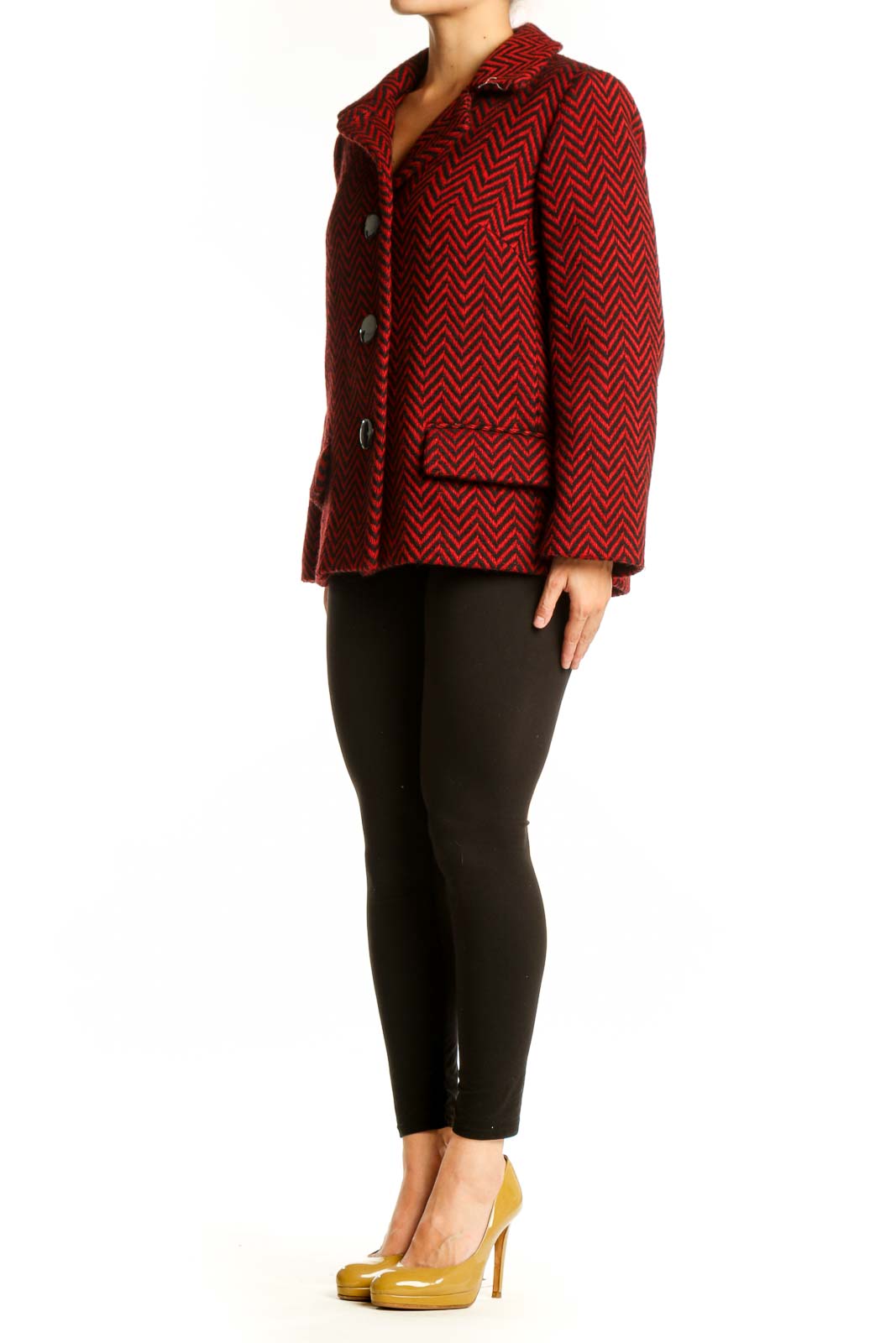 Red and black chevron wool blend blazer by Milly with notch collar and button front closure, front view