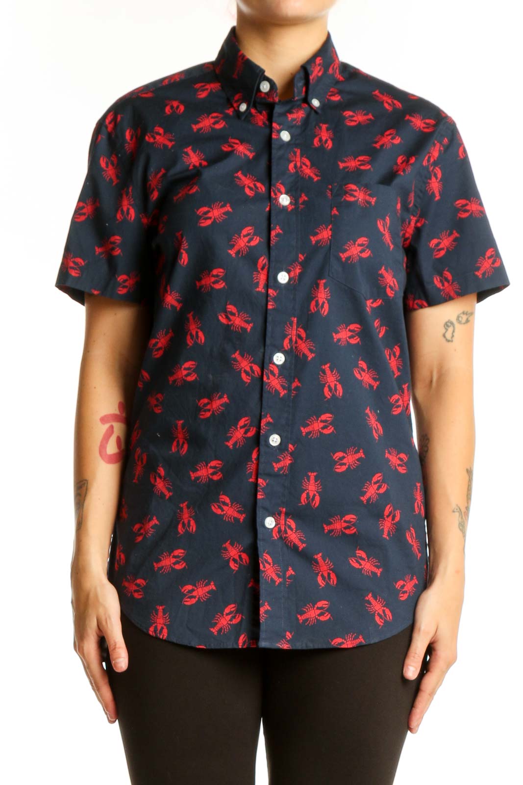 Navy short-sleeve button-up shirt with red lobster print, front view