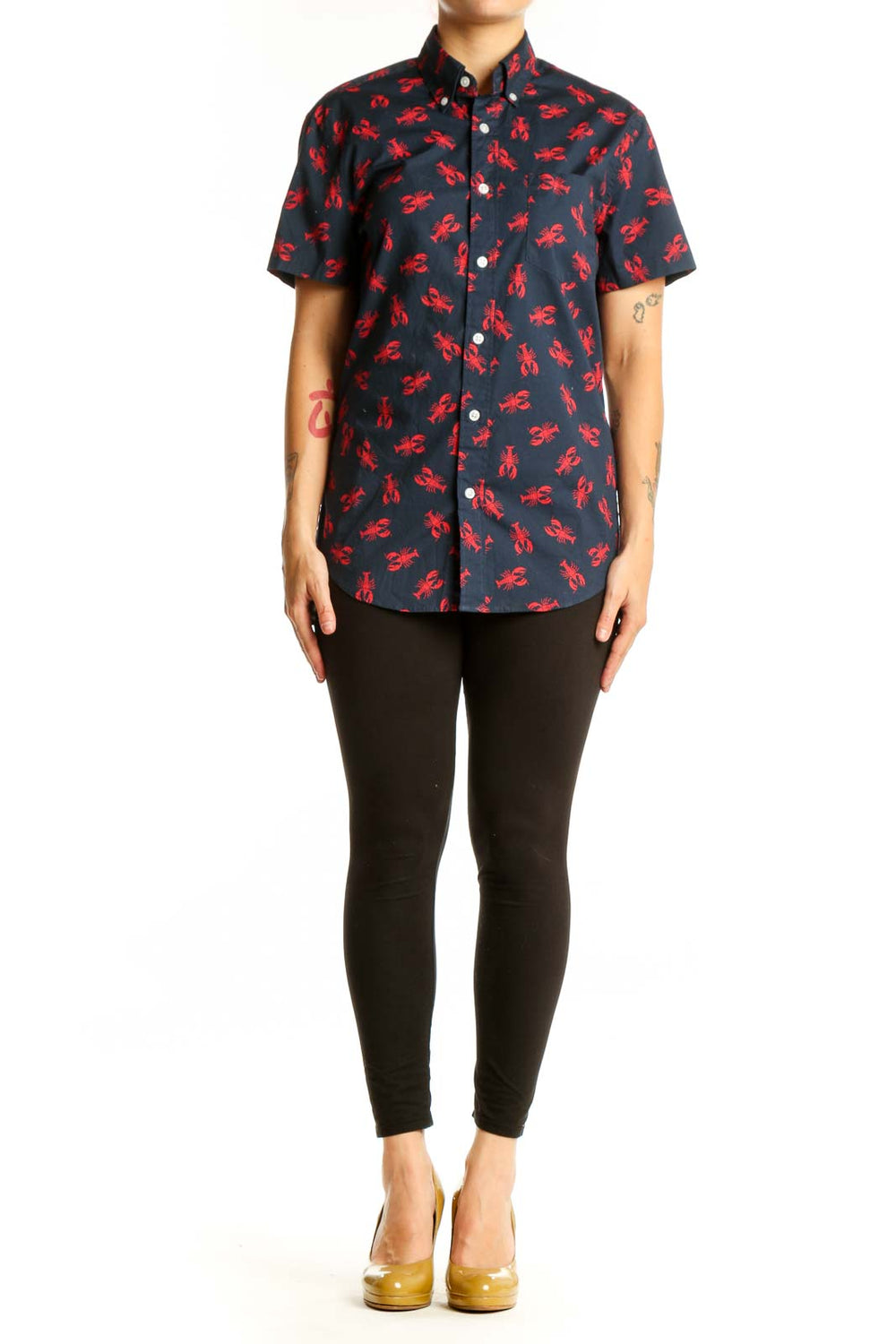 Navy short-sleeve button-up shirt with red lobster print, front view