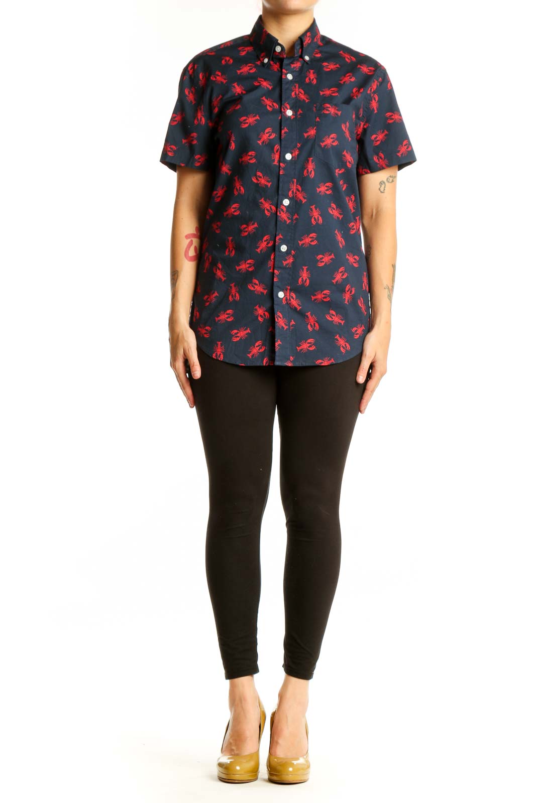 Navy short-sleeve button-up shirt with red lobster print, front view