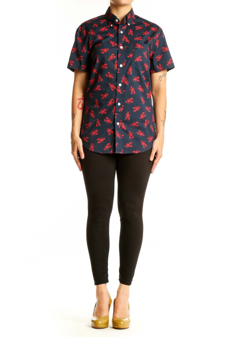 Navy short-sleeve button-up shirt with red lobster print, front view