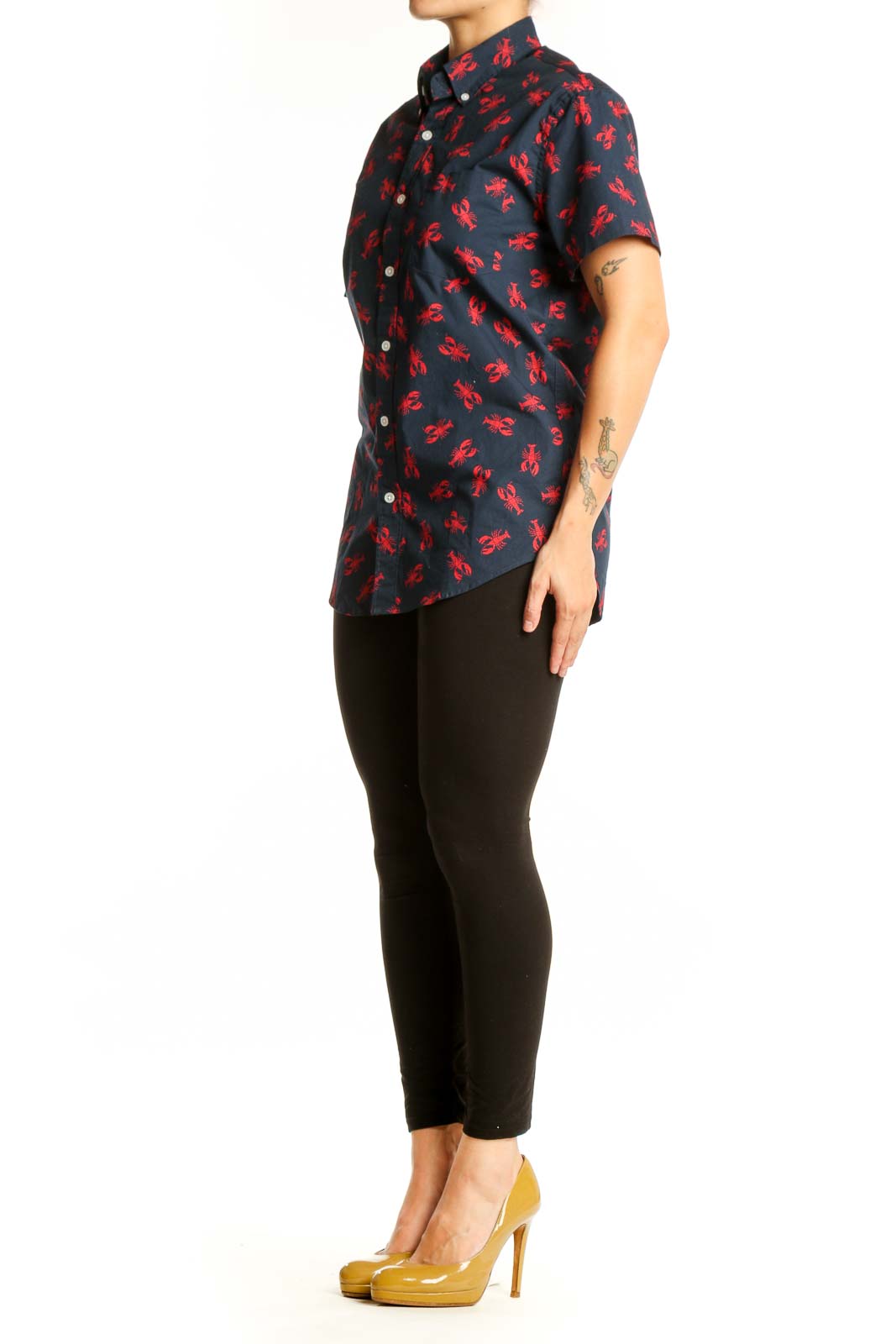 Navy short-sleeve button-up shirt with red lobster print, front view