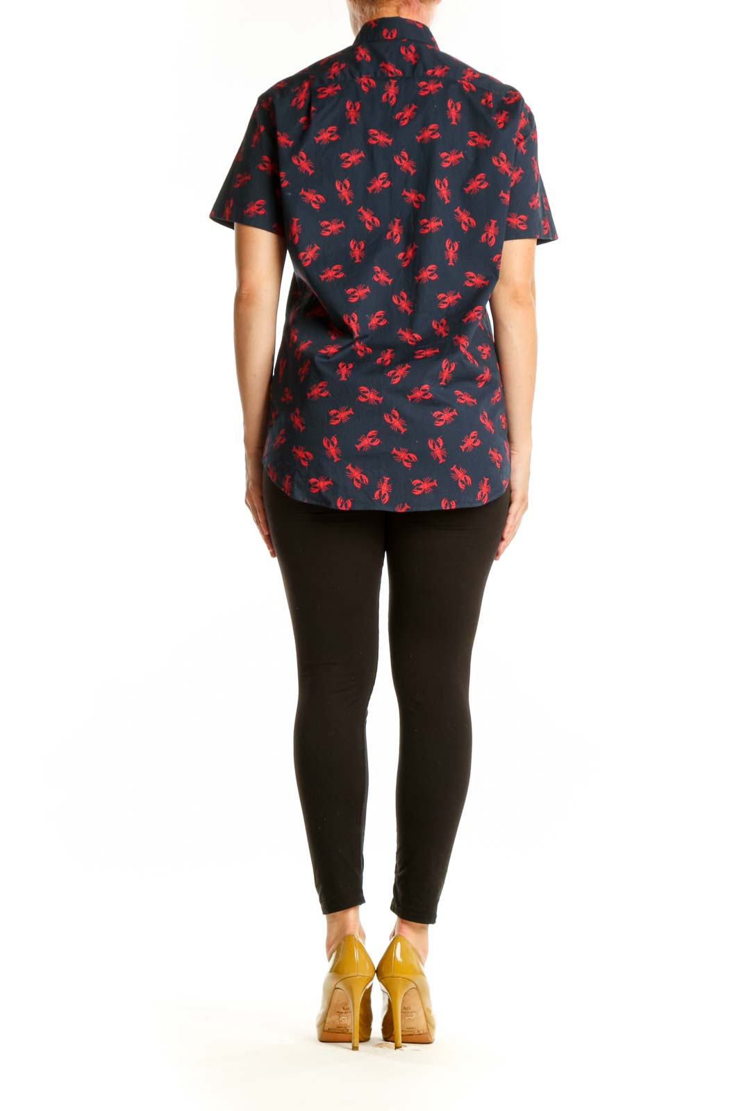 Navy short-sleeve button-up shirt with red lobster print, back view