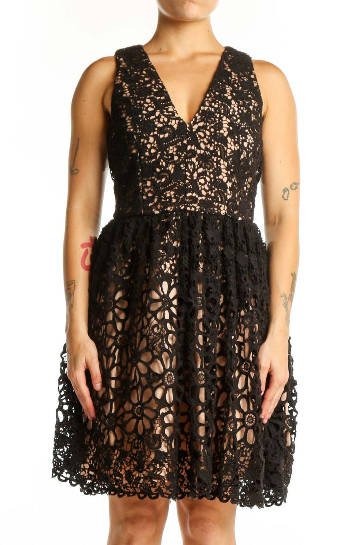 Black lace wrap dress with floral cutout details and V-neckline, front view