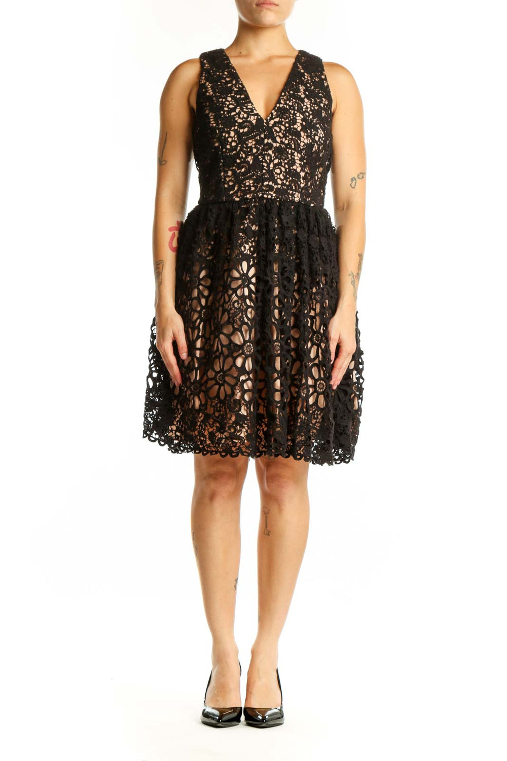 Black lace wrap dress with floral cutout details and V-neckline, front view