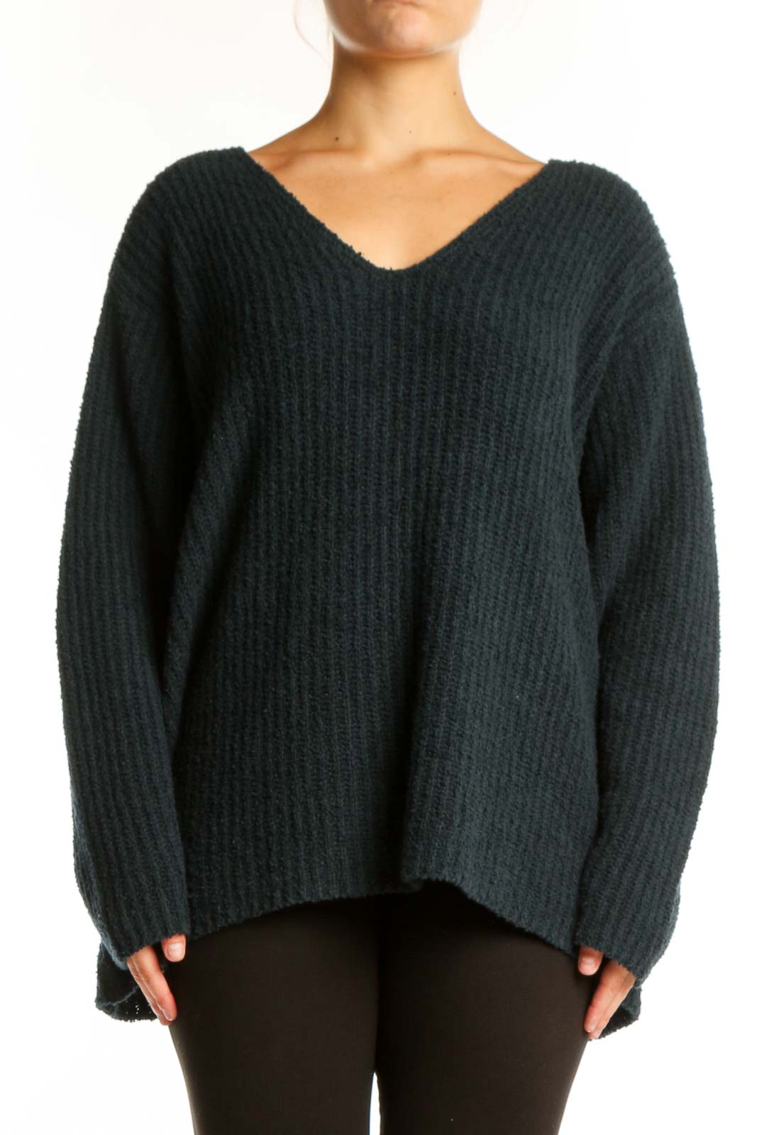 Charcoal ribbed cashmere V-neck sweater by Eileen Fisher, front view showing relaxed oversized fit and ribbed texture
