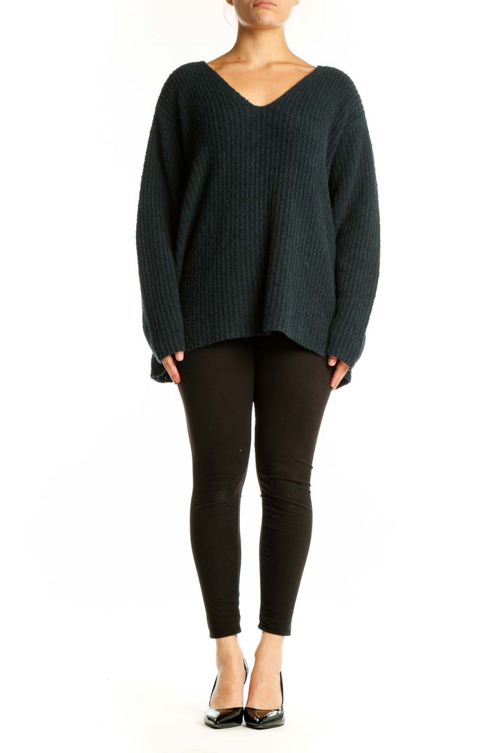 Charcoal ribbed cashmere V-neck sweater by Eileen Fisher, front view showing relaxed oversized fit and ribbed texture