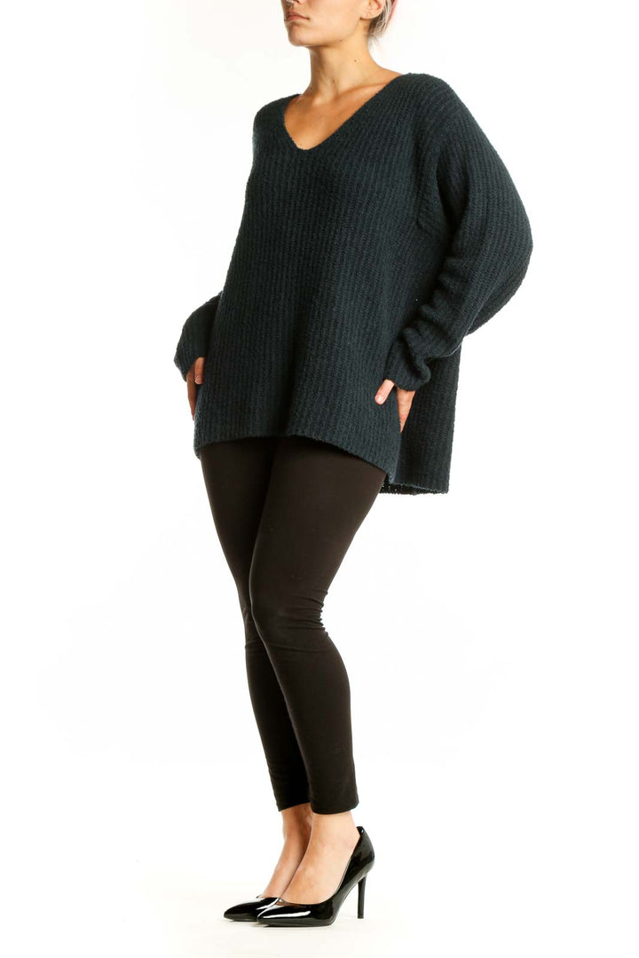 Charcoal ribbed cashmere V-neck sweater by Eileen Fisher, front view showing relaxed oversized fit and ribbed texture