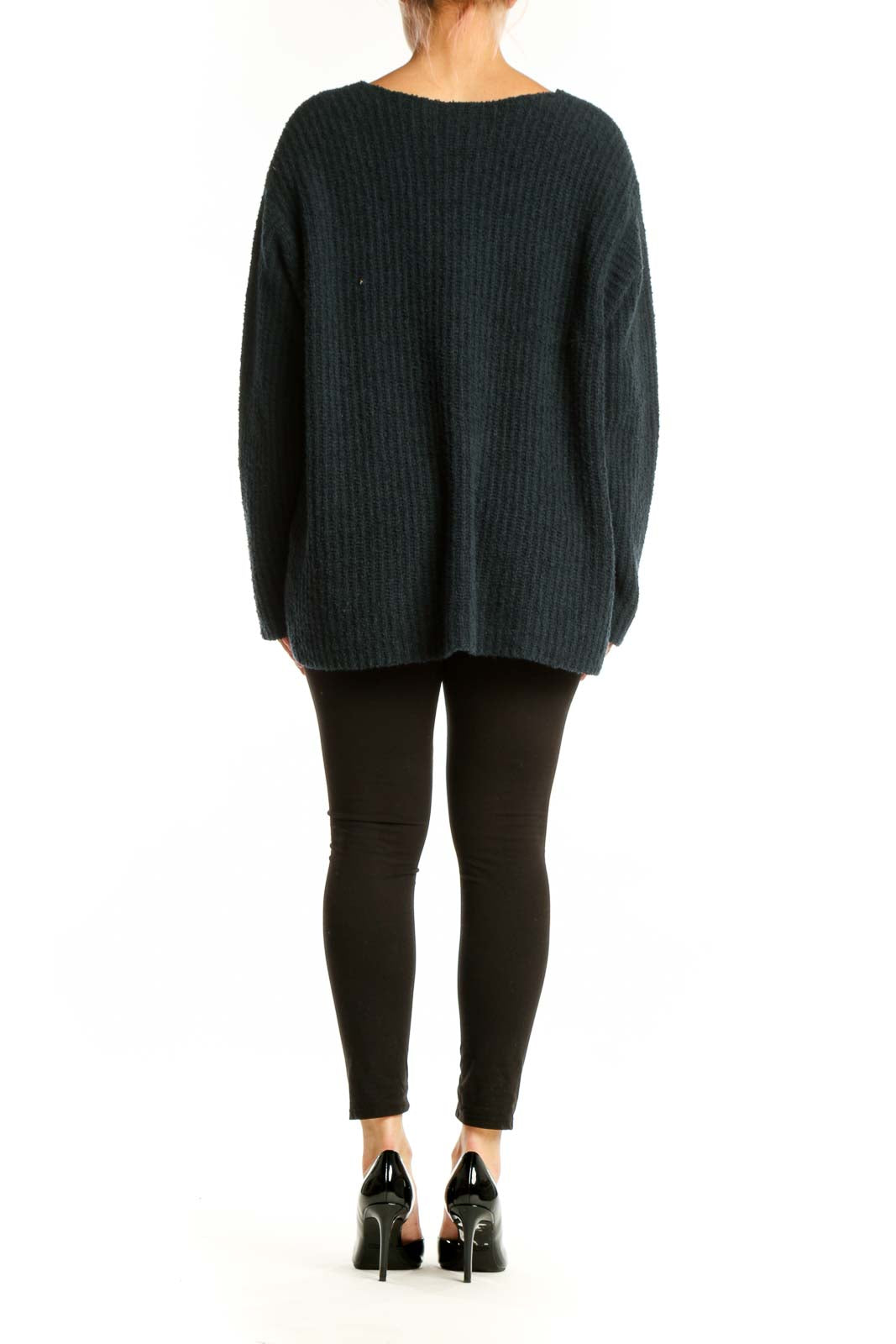 Charcoal ribbed cashmere V-neck sweater by Eileen Fisher, back view displaying the cropped length and comfortable silhouette