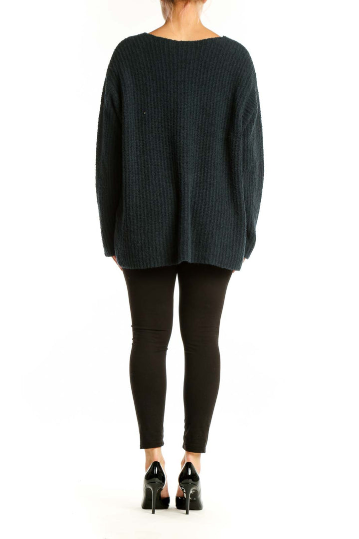 Charcoal ribbed cashmere V-neck sweater by Eileen Fisher, back view displaying the cropped length and comfortable silhouette