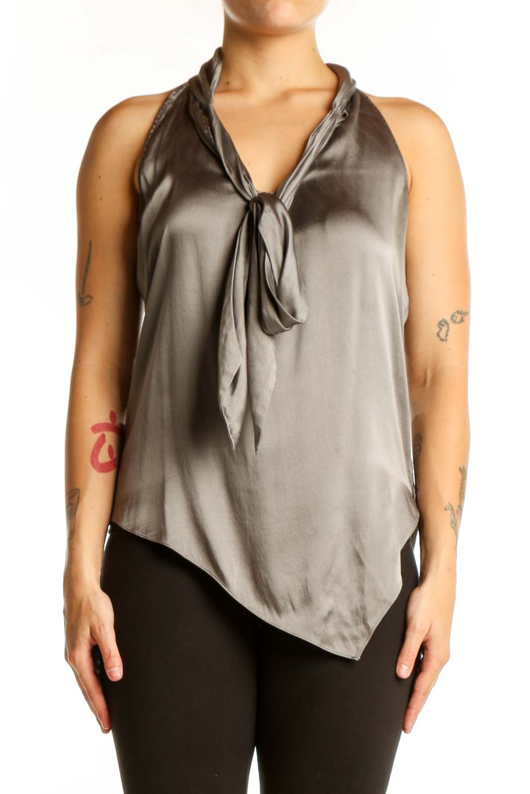 Gray silk halter tank top with tie-neck design and asymmetrical hemline, front view
