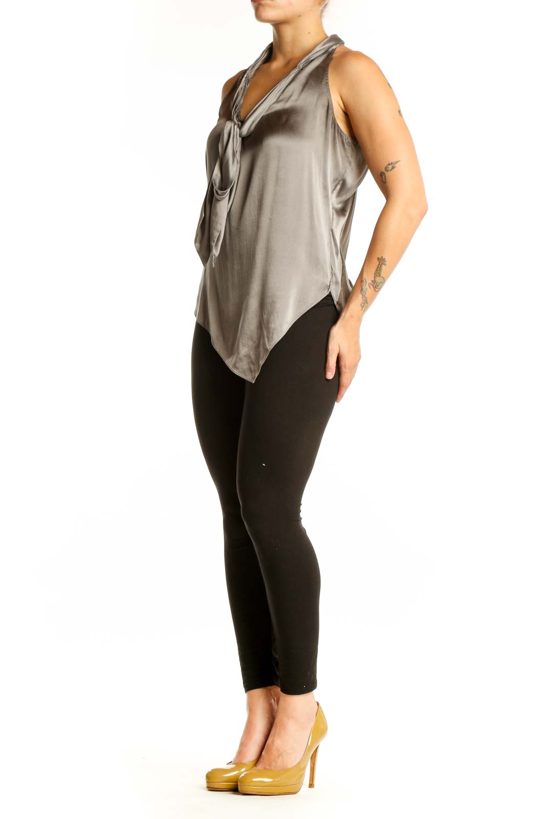 Gray silk halter tank top with tie-neck design and asymmetrical hemline, front view