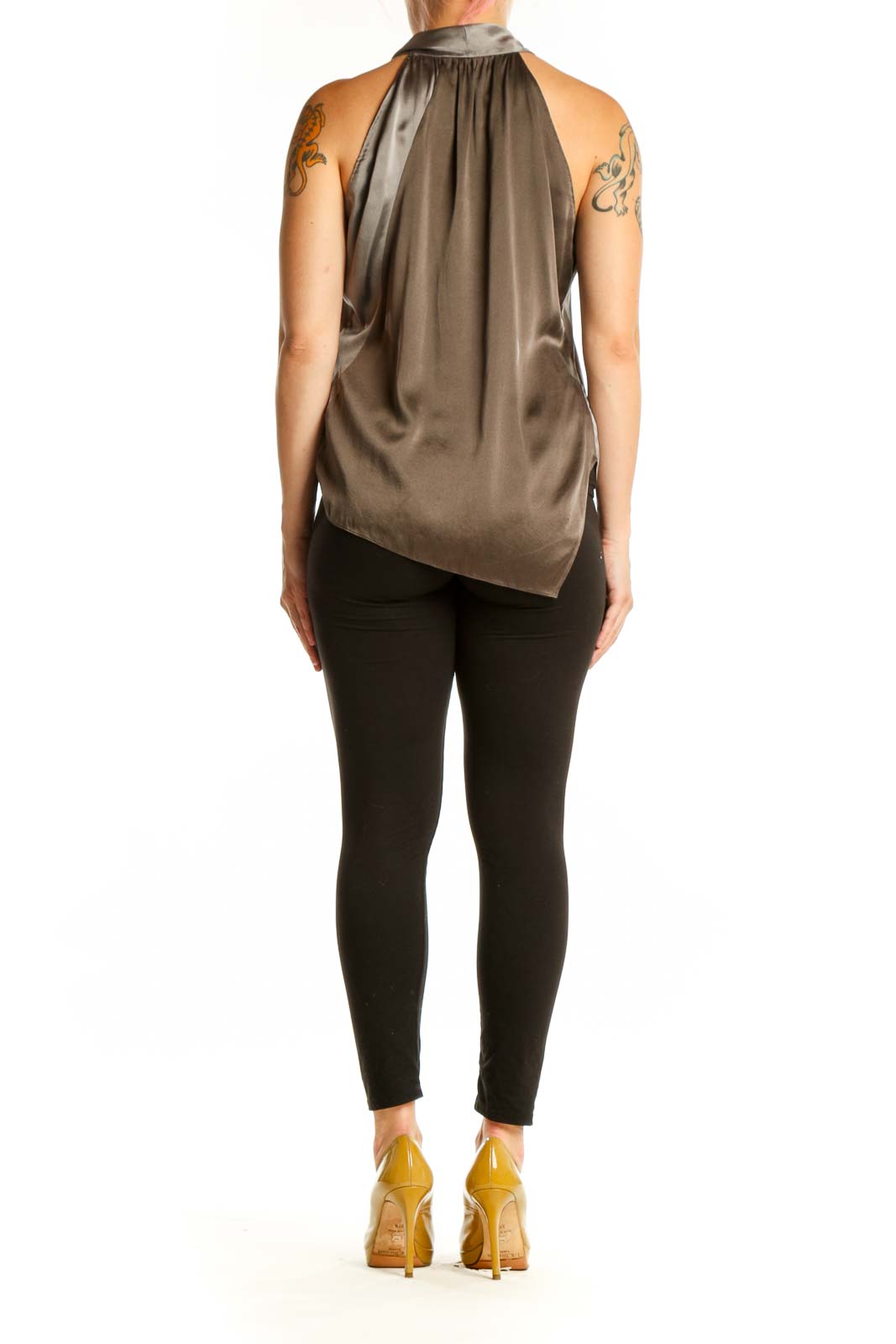 Gray silk halter tank top with tie-neck design, back view showing draping