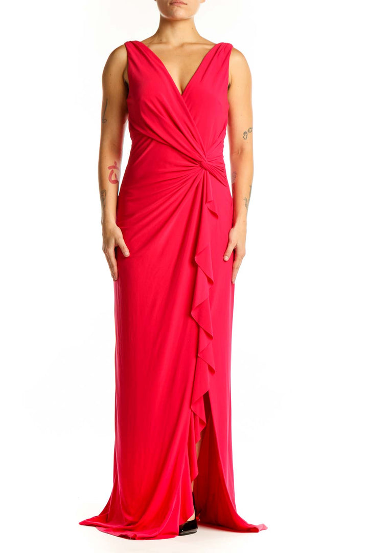 Red wrap maxi dress with ruffle cascade detail and V-neckline by Lauren Ralph Lauren