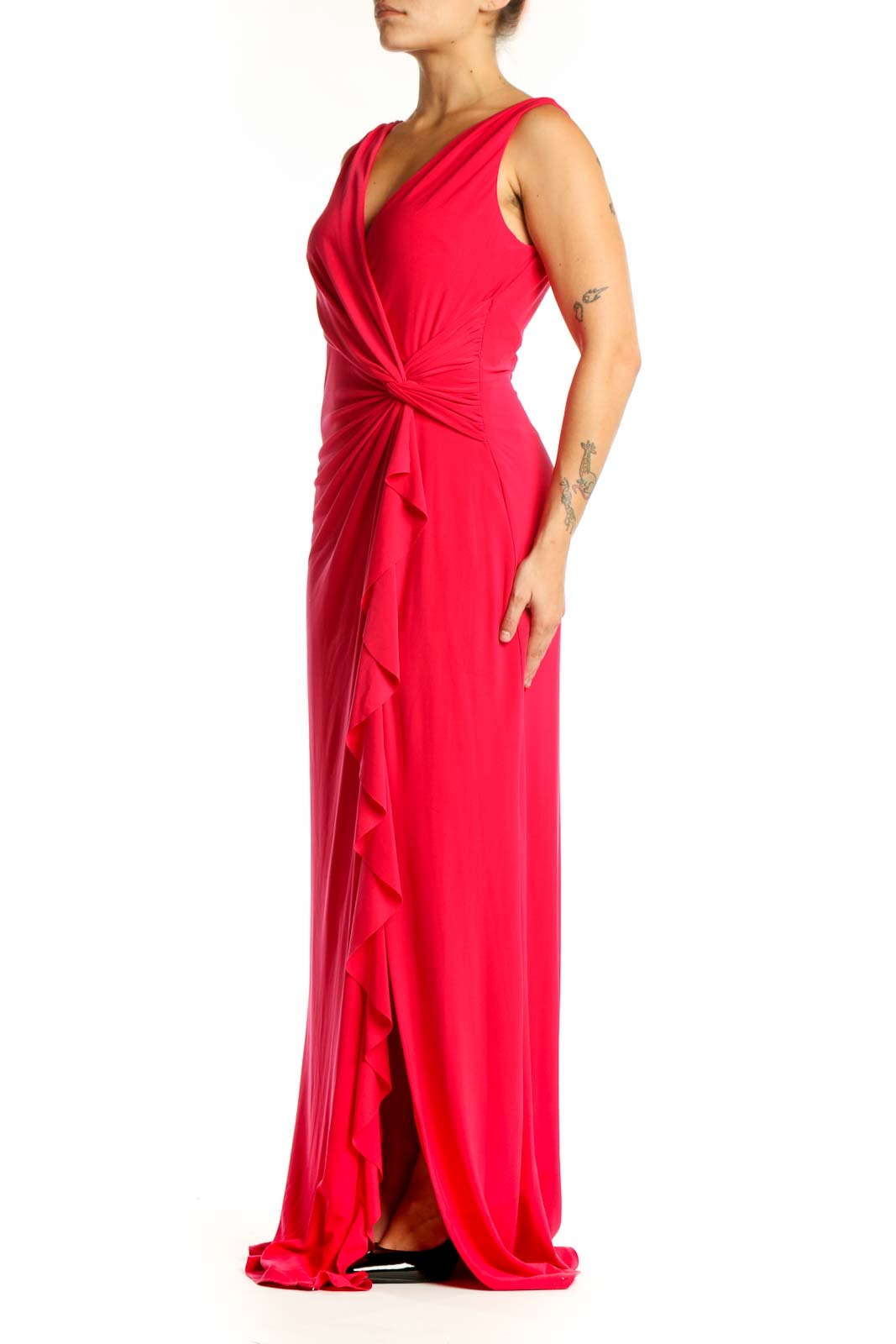 Red wrap maxi dress with ruffle cascade detail and V-neckline by Lauren Ralph Lauren