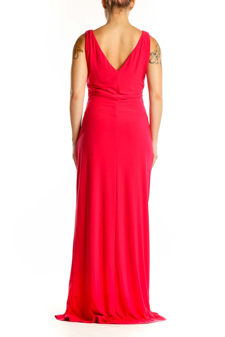 Back view of red wrap maxi dress showing ruffle cascade and elegant draping by Lauren Ralph Lauren