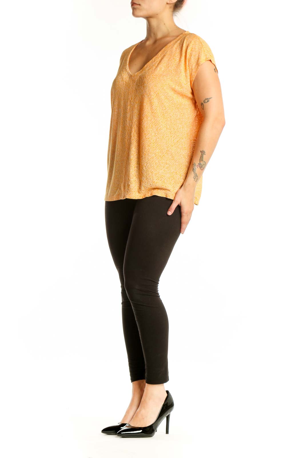 Gold striped V-neck short sleeve top from LOFT, size L, front view showing horizontal striping pattern and relaxed fit