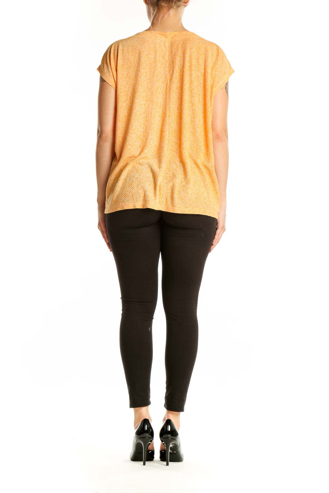 Gold striped V-neck short sleeve top from LOFT, size L, back view displaying the relaxed silhouette and striped pattern