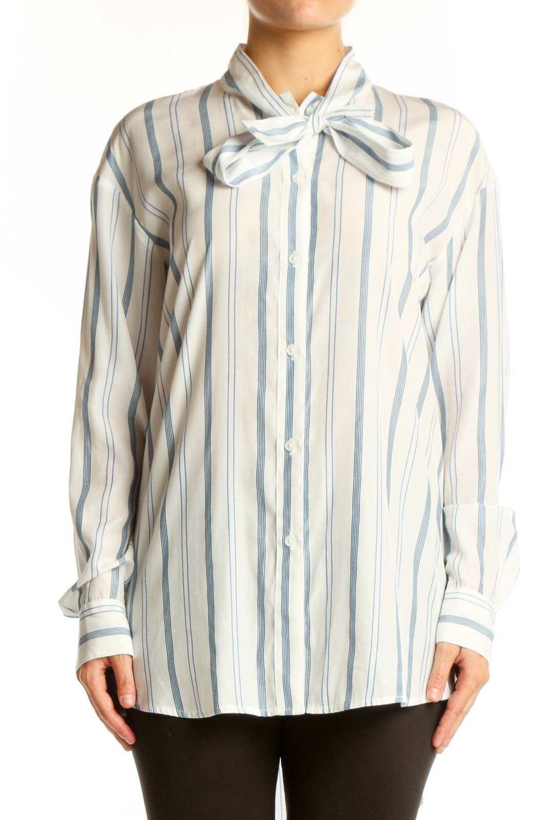 Cream and blue striped blouse with bow tie neckline by Elizabeth and James, front view