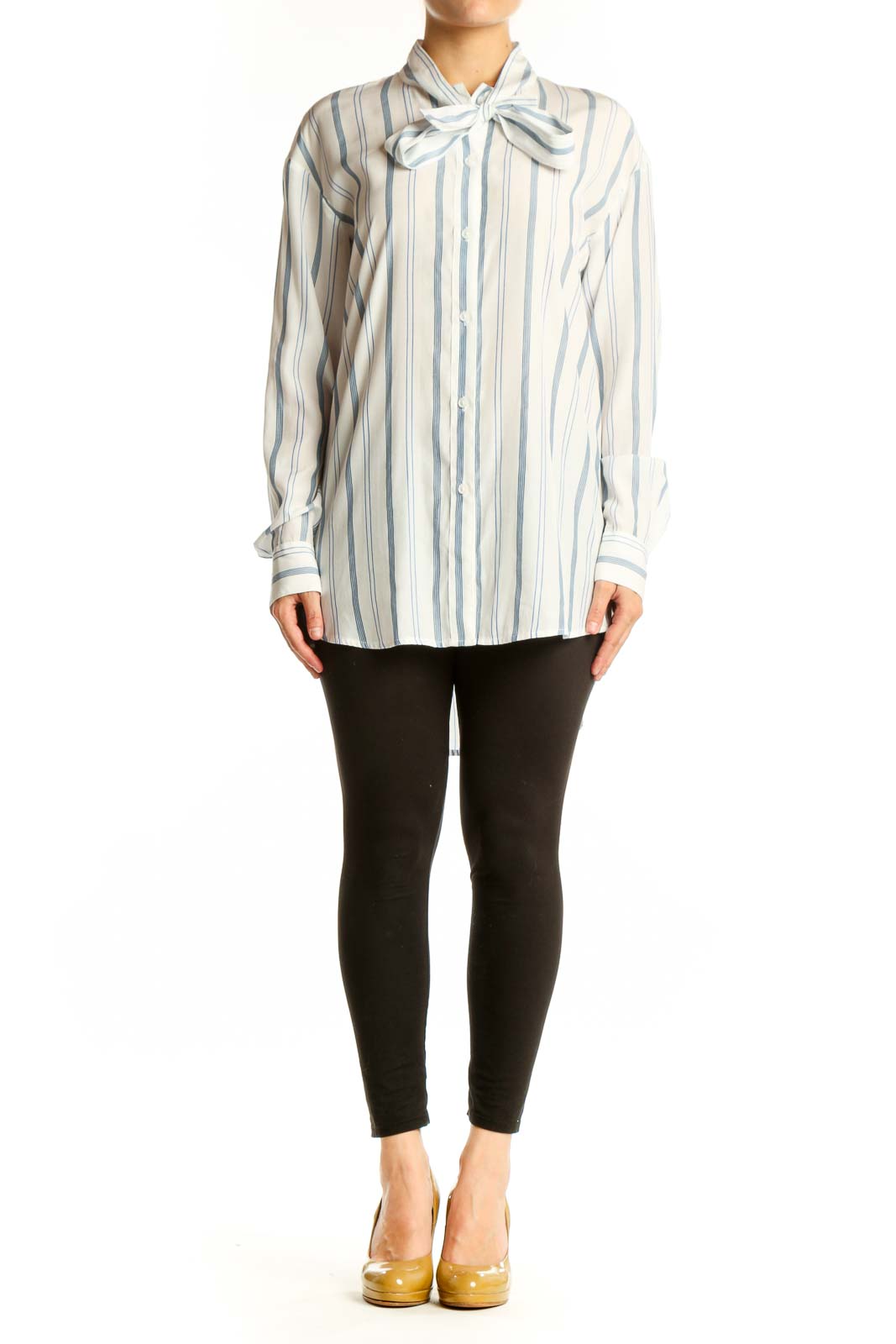 Cream and blue striped blouse with bow tie neckline by Elizabeth and James, front view
