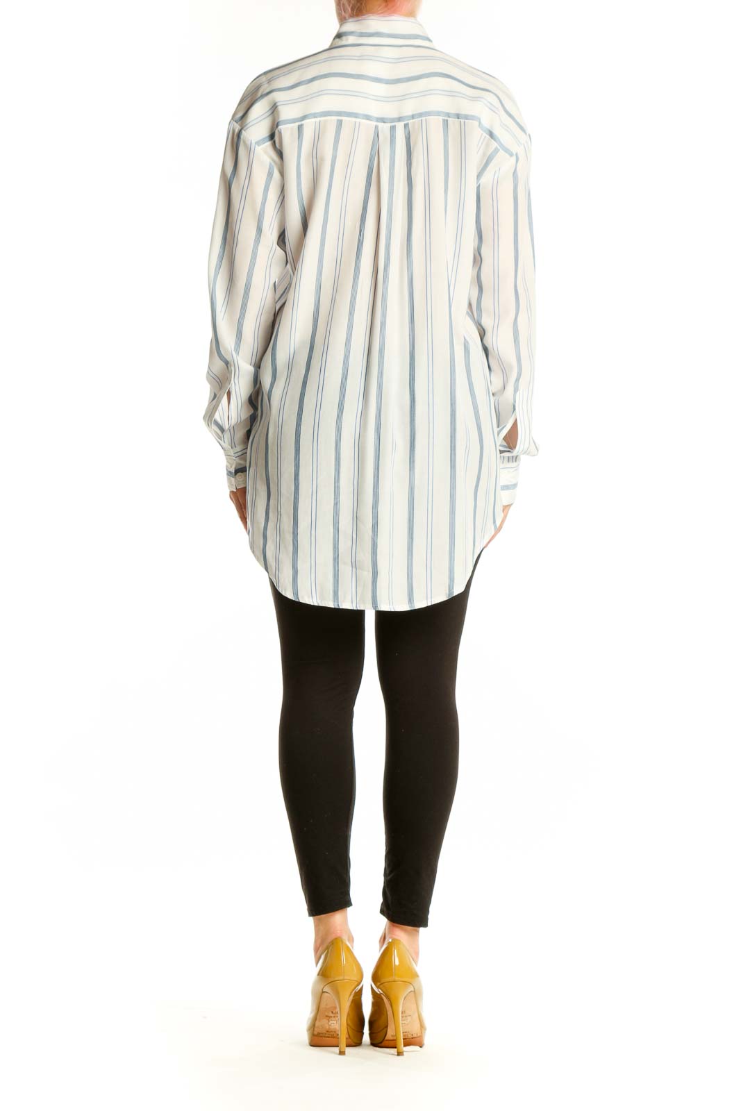 Cream and blue striped blouse with bow tie neckline by Elizabeth and James, back view