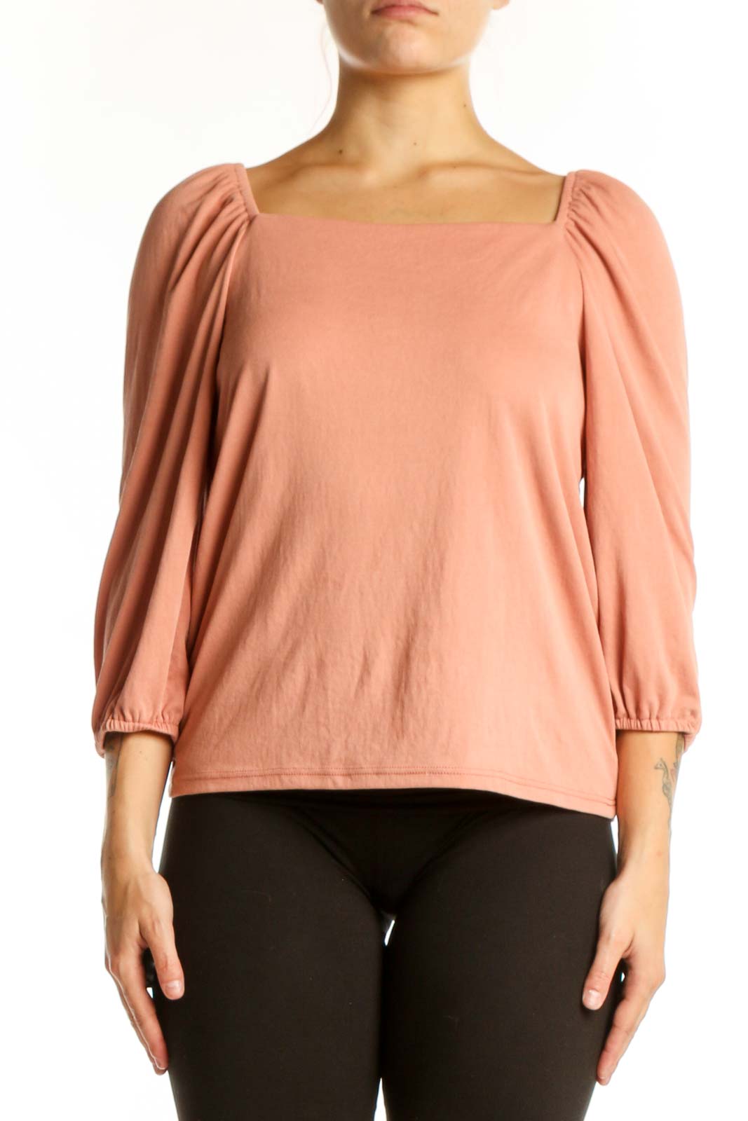 Peach puff sleeve top with square neckline and three-quarter sleeves, front view