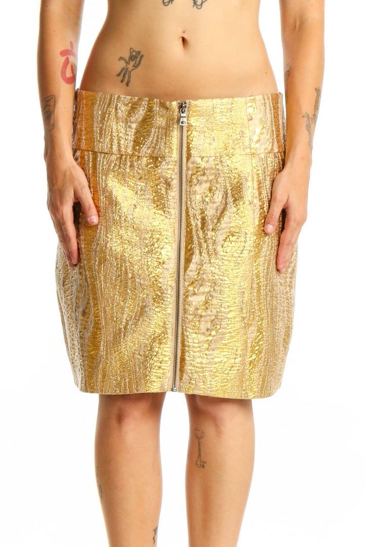 Gold metallic mini skirt with front zip closure by BCBG MaxAzria, front view